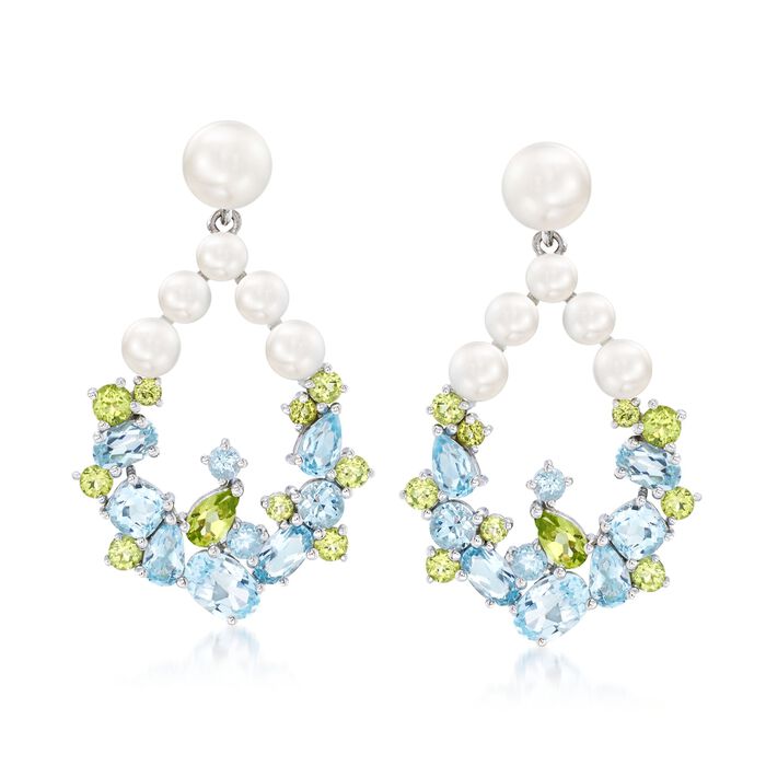 3.5-6.5mm Cultured Pearl and 4.00 ct. t.w. Sky Blue Topaz Earrings with Peridot in Sterling Silver