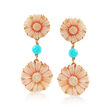 Italian Orange Shell and Turquoise Cameo Drop Earrings in 14kt Yellow Gold
