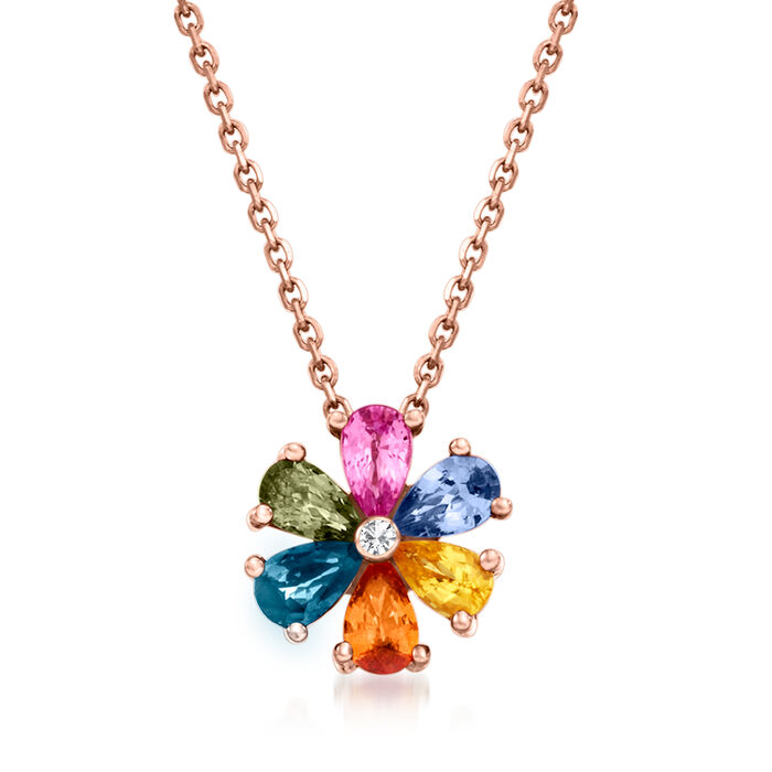 1.30 ct. t.w. Multicolored Sapphire and Diamond-Accented Flower Necklace in 14kt Rose Gold