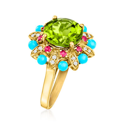 4.10 Carat Peridot, Turquoise and .20 ct. t.w. Ruby Ring with Diamond Accents in 14kt Yellow Gold
