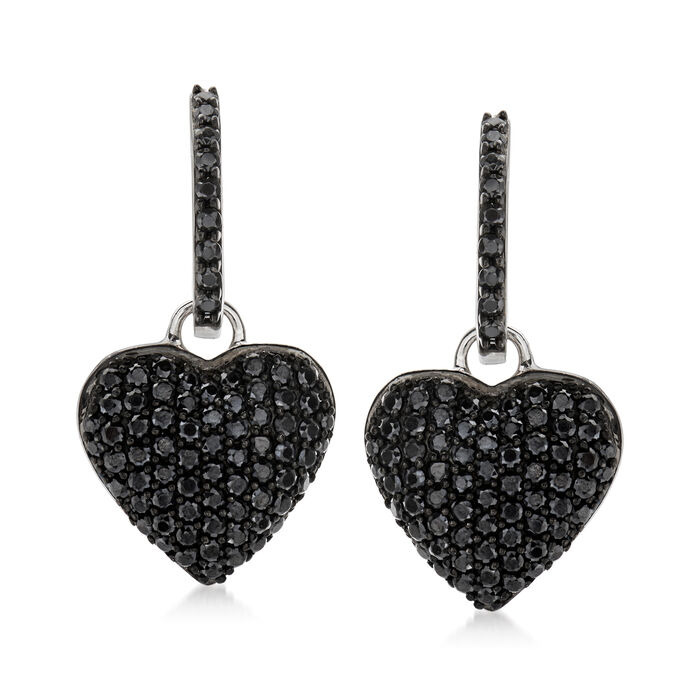 2.10 ct. t.w. Pave Black Spinel Removable Heart Drop Earrings in Sterling Silver
