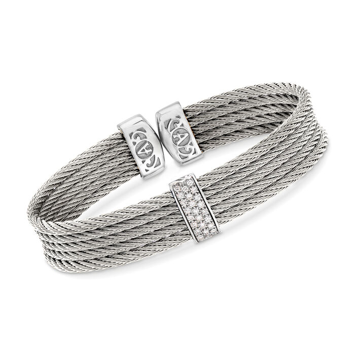 ALOR &quot;Classique&quot; Gray Stainless Steel Cable Cuff Bracelet with .19 ct. t.w. Diamonds and 18kt White Gold
