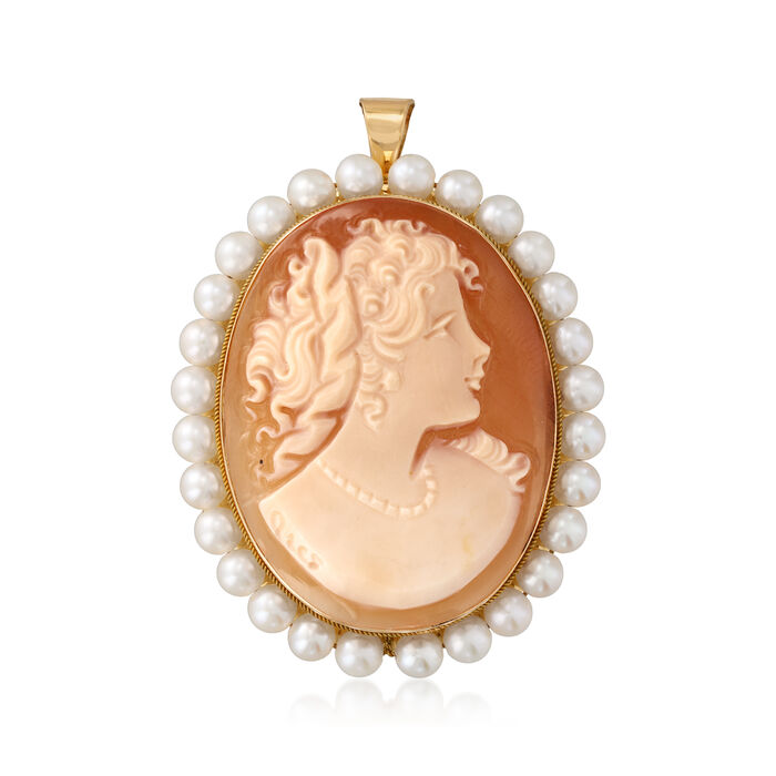 C. 1980 Vintage 3.5mm Cultured Pearl and 30x22mm Pink Shell Cameo Pin/Pendant in 14kt Yellow Gold