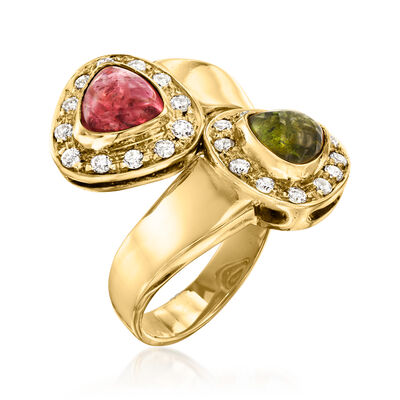 C. 1980 Vintage 2.40 ct. t.w. Pink and Green Tourmaline Bypass Ring with .40 ct. t.w. Diamonds in 18kt Yellow Gold