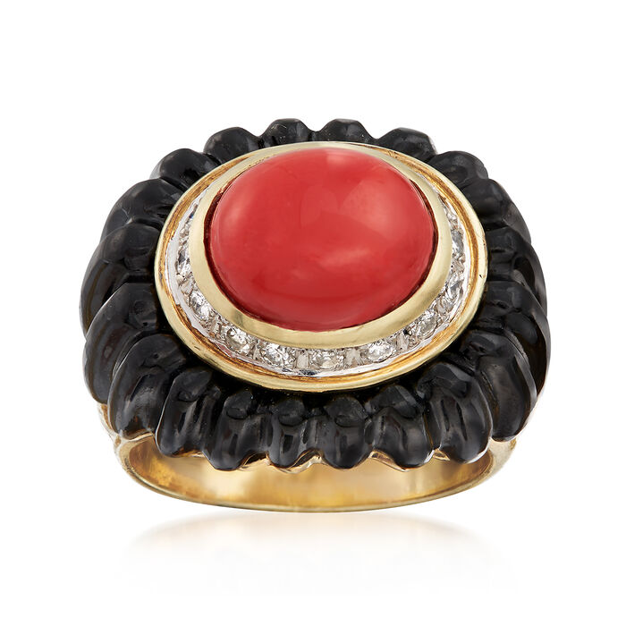 C. 1980 Vintage Orange Coral and Black Onyx Ring with .35 ct. t.w. Diamonds in 14kt Yellow Gold