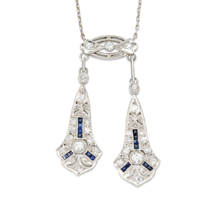 C. 1910 Vintage .50 ct. t.w. Round European-Cut Diamond Necklace with Sapphires in Platinum