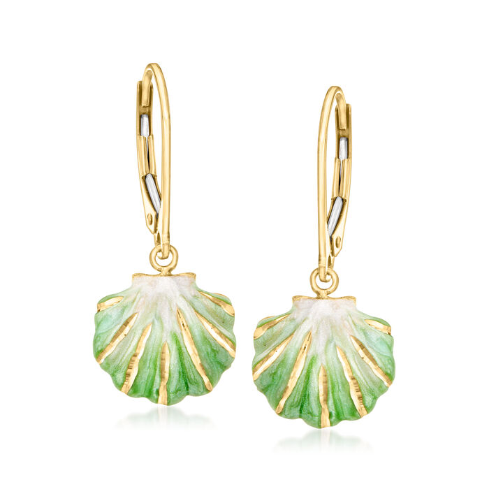 Italian Green and White Enamel Seashell Drop Earrings in 14kt Yellow Gold