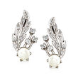 C. 1960 Vintage 5.7mm Cultured Pearl and .20 ct. t.w. Diamond Leaf Clip-On Earrings in 14kt White Gold