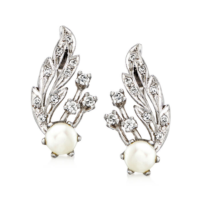 C. 1960 Vintage 5.7mm Cultured Pearl and .20 ct. t.w. Diamond Leaf Clip-On Earrings in 14kt White Gold