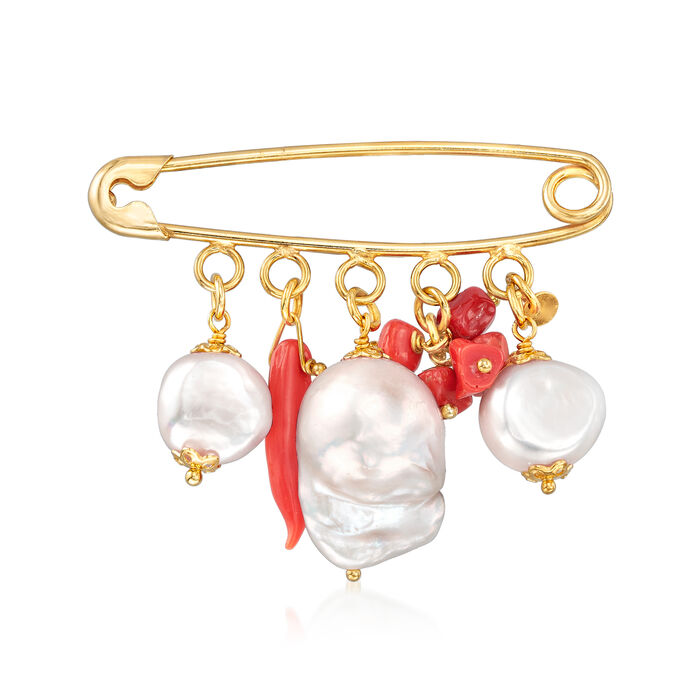 Italian 20x14mm and 11-12mm Cultured Pearl and Coral Drop Safety Pin in 18kt Gold Over Sterling