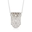 C. 1950 Vintage .12 ct. t.w. Diamond Floral Filigree Shield Necklace in 14kt White Gold