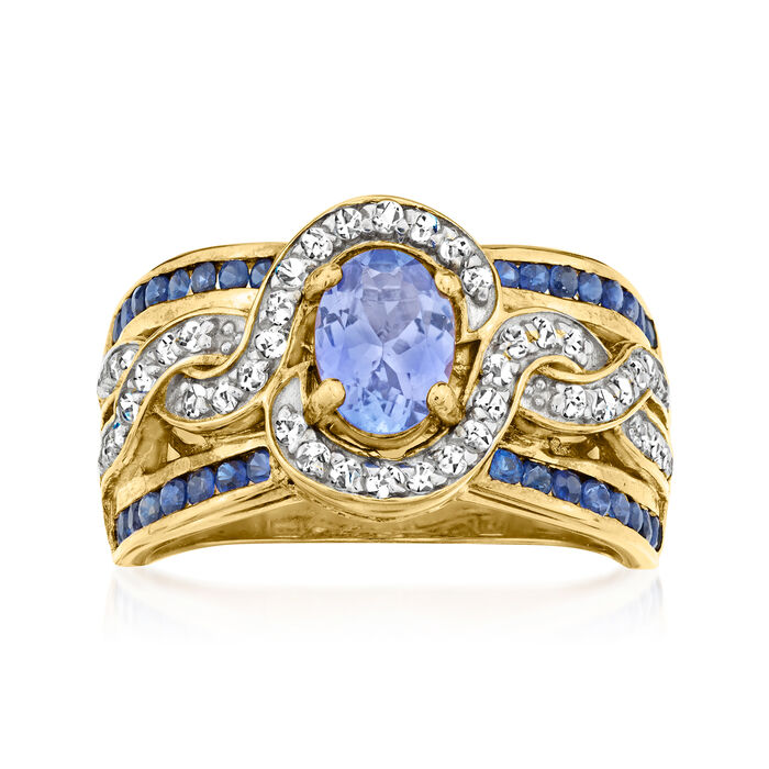 .80 Carat Tanzanite and .60 ct. t.w. Sapphire Ring with .30 ct. t.w. White Zircon in 18kt Gold Over Sterling