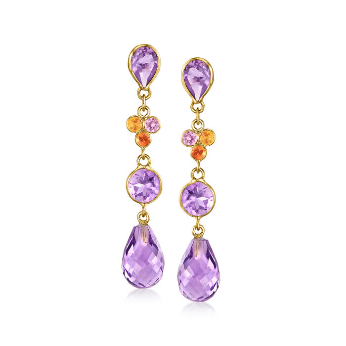 6.60 ct. t.w. Amethyst Drop Earrings with .30 ct. t.w. Multicolored Sapphires in 14kt Yellow Gold