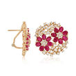 5.25 ct. t.w. Ruby and 2.25 ct. t.w. Diamond Flower Earrings in 14kt Yellow Gold