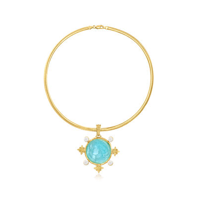Italian Tagliamonte Blue Venetian Glass Pendant with 5-6mm Cultured Pearls in 18kt Gold Over Sterling