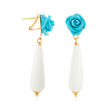 Italian White Agate and Turquoise Rose Drop Earrings in 18kt Gold Over Sterling