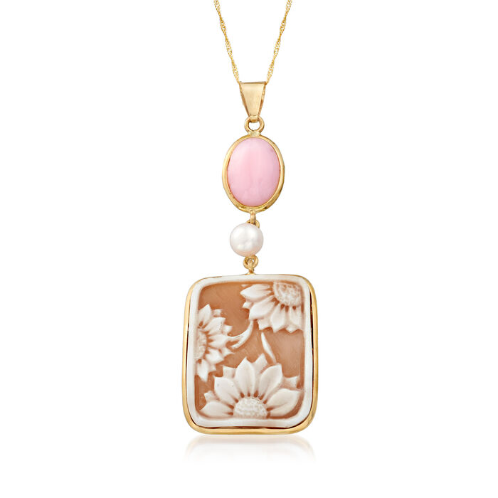 Italian 6-6.5mm Cultured Pearl, Pink Opal and Shell Sunflower Cameo Pendant Necklace in 14kt Yellow Gold