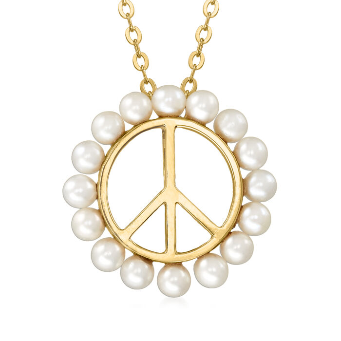 3-3.5mm Cultured Pearl Peace Sign Necklace in 18kt Gold Over Sterling