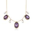 C. 1980 Vintage 36.50 ct. t.w. Amethyst and Cultured Pearl Necklace with Diamonds in 14kt Yellow Gold