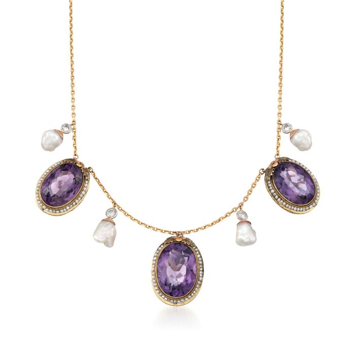 C. 1980 Vintage 36.50 ct. t.w. Amethyst and Cultured Pearl Necklace with Diamonds in 14kt Yellow Gold