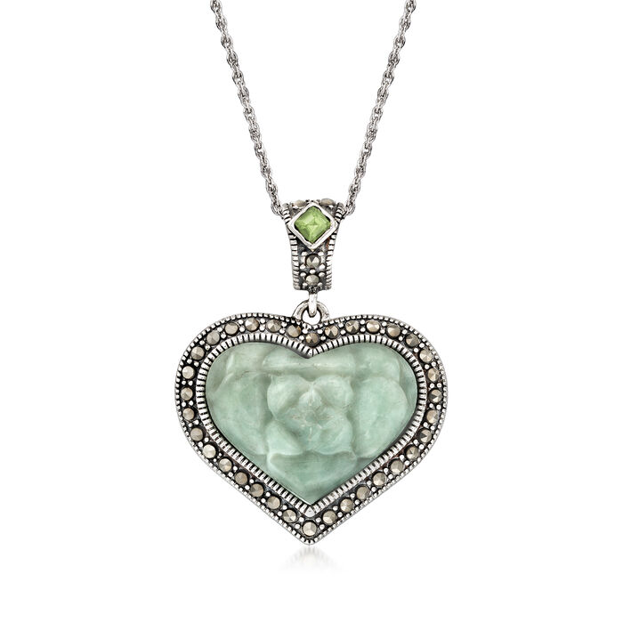 Jade and .50 Carat Peridot Heart Pendant Necklace with Marcasite in Sterling Silver