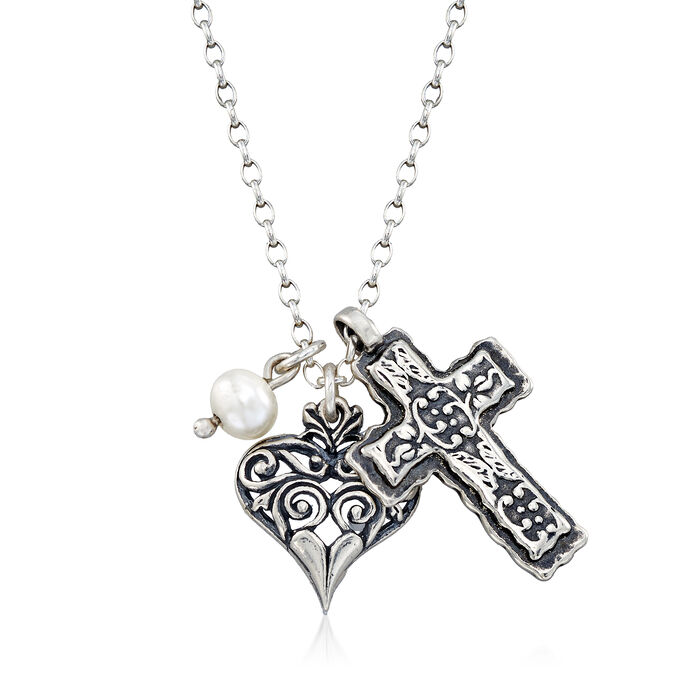 Cultured Pearl Heart and Cross Charm Necklace in Sterling Silver