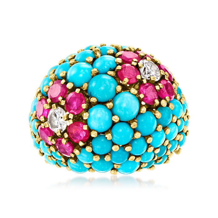 C. 1960 Vintage Turquoise and 2.00 ct. t.w. Ruby Flower Dome Ring with .40 ct. t.w. Diamonds in 18kt Yellow Gold