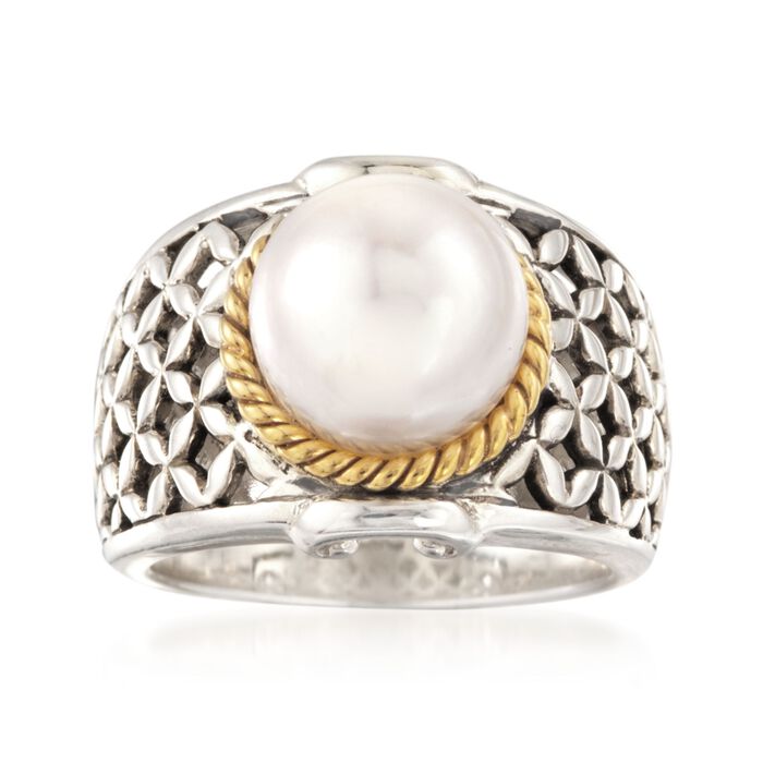 10mm Cultured Button Pearl Basketweave Ring in Two-Tone Sterling Silver