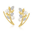 3.5-4mm Cultured Pearl Leaf Ear Climbers with Diamond Accents in 14kt Yellow Gold