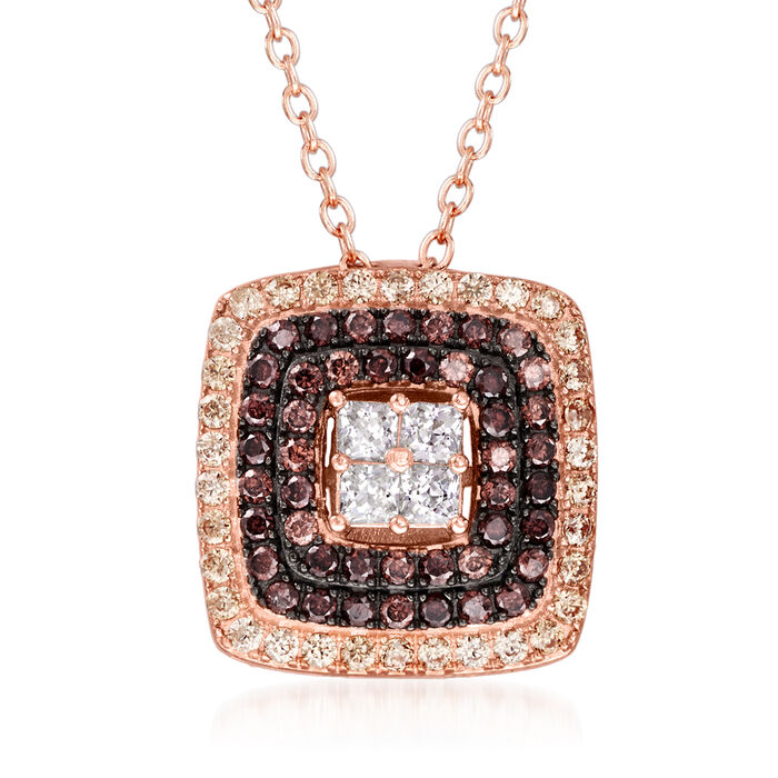 .90 ct. t.w. Brown and White CZ Square Pendant Necklace in 18kt Rose Gold Over Sterling