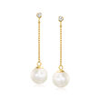 8-9mm Cultured Pearl and .10 ct. t.w. Diamond Linear Drop Earrings in 14kt Yellow Gold