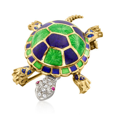C. 1960 Vintage .13 ct. t.w. Diamond Turtle Pin with Ruby Accents and Multicolored Enamel in 18kt Two-Tone Gold