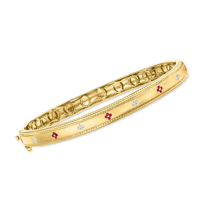 Ruby and Diamond-Accented Flower Bangle Bracelet in 18kt Gold Over Sterling