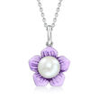 7.5-8mm Cultured Pearl and Purple Enamel Flower Pendant Necklace in Sterling Silver