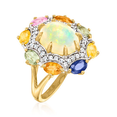 Opal and 2.50 ct. t.w. Multicolored Sapphire Ring with .40 ct. t.w. White Zircon in 18kt Gold Over Sterling