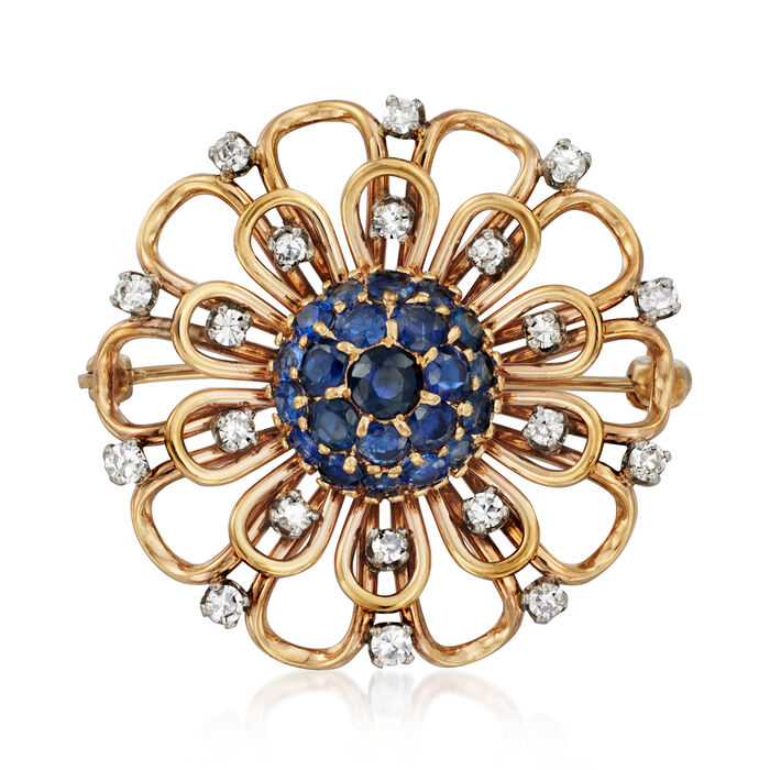 C. 1960 Vintage 1.90 ct. t.w. Sapphire and .50 ct. t.w. Diamond Flower Pin in 10kt Yellow Gold
