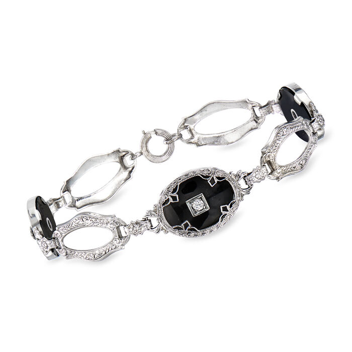 C. 1960 Vintage Onyx and .10 ct. t.w. Diamond Bracelet in 14kt White Gold