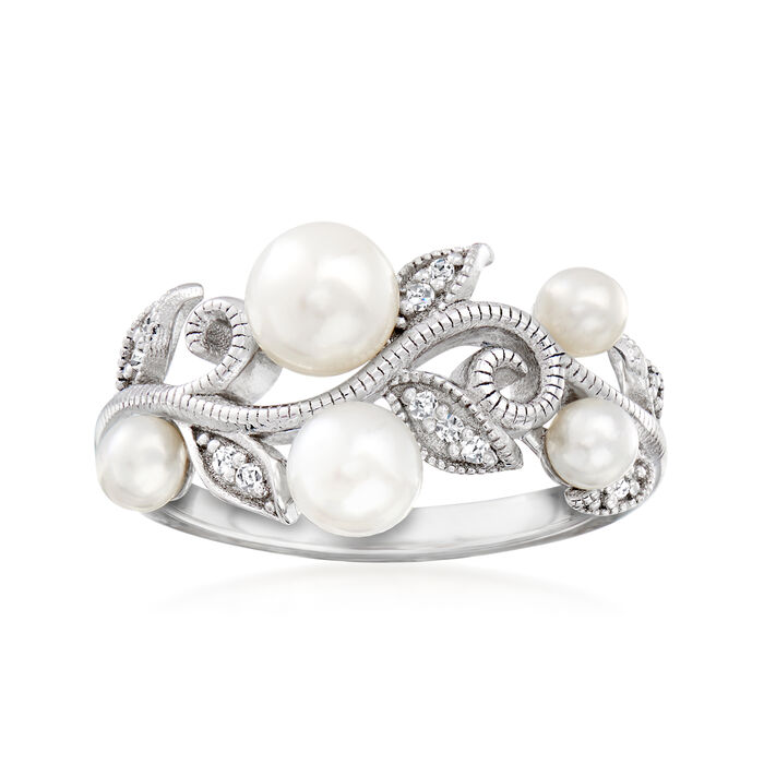 3-5.5mm Cultured Pearl Leaf Ring with Diamond Accents in Sterling Silver