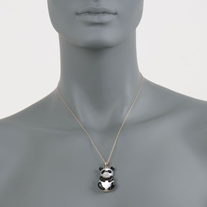 Black Agate and Mother-Of-Pearl Panda Pendant Necklace in 14kt Yellow Gold  18-inch