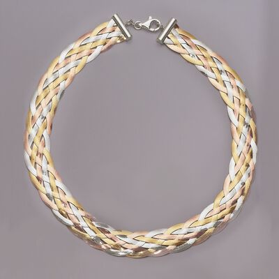 Italian Sterling Silver and 18kt Two-Tone Sterling Silver Braided Herringbone Collar Necklace