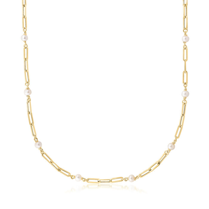 Italian 4-4.5mm Cultured Pearl Paper Clip Link Necklace in 14kt Yellow Gold