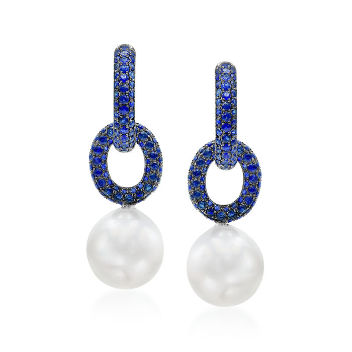 12-13mm Cultured South Sea Pearl and 2.80 ct. t.w. Sapphire Cable-Link Hoop Drop Earrings in 18kt White Gold