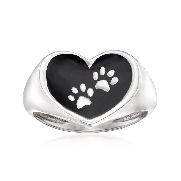 Italian Sterling Silver and Black Enamel Paw Print Heart Ring