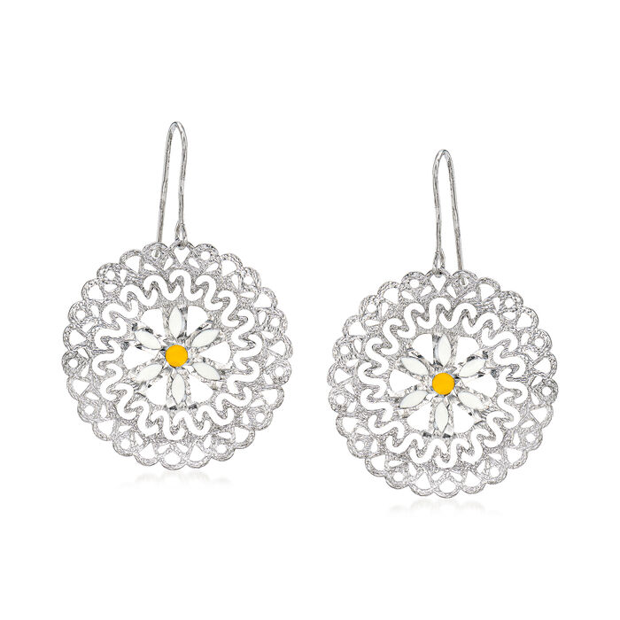 Italian White and Yellow Enamel Floral Drop Earrings in Sterling Silver
