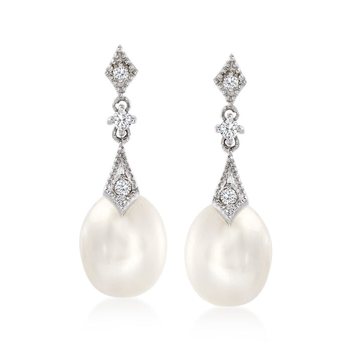 8mm Cultured Pearl and .10 ct. t.w. Diamond Drop Earrings in 14kt White Gold