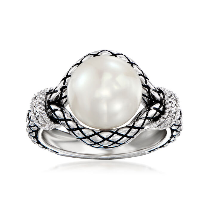 Andrea Candela &quot;Marbella&quot; 10mm Cultured Pearl Ring in Sterling Silver with Diamond Accents and Black Enamel
