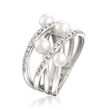 Mikimoto &quot;Japan&quot; 4-5mm A+ Akoya Pearl and .32 ct. t.w. Diamond Highway Ring in 18kt White Gold