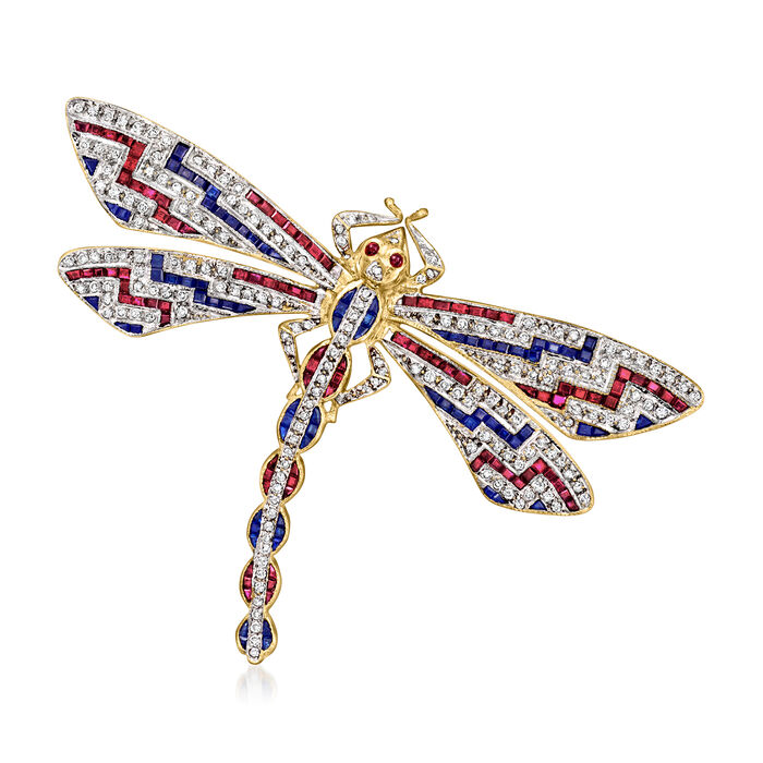 C. 1980 Vintage 1.89 ct. t.w. Ruby, 1.75 ct. t.w. Diamond and 1.55 ct. t.w. Sapphire Dragonfly Pin in 18kt Yellow Gold