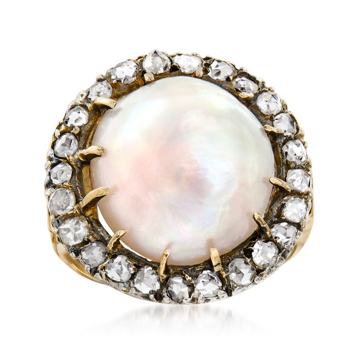 C. 1930 Vintage Cultured Mabe Pearl and .75 ct. t.w. Diamond Cocktail Ring in 18kt Yellow Gold