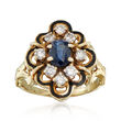 C. 1950 Vintage .60 Carat Sapphire and .40 ct. t.w. Diamond Ring with Black Enamel in 14kt Yellow Gold